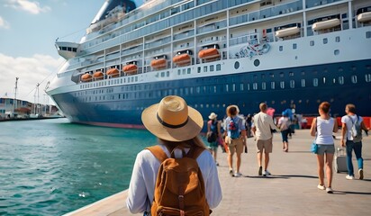 A young female tourist with a hat and backpack gazing at a cruise ship docked in the port, back view. Travel concept for young people on vacation.