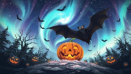 Wall Mural - spooky halloween background with bats, pumpkins and moon