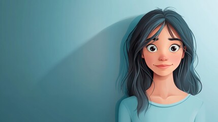 A young Asian female character with long, dark hair smiles warmly against a soft blue background.