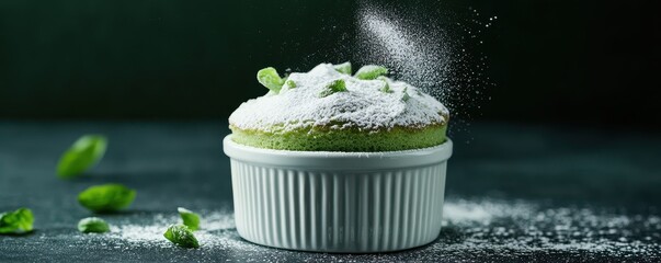 Wall Mural - A delicate green soufflé topped with powdered sugar and garnished, presented in a white ramekin against a dark background.