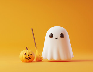 Wall Mural - 3D render of a cute ghost with a broom and a pumpkin on an orange background.Minimal creative Halloween holiday concept.Copy space,flat lay 