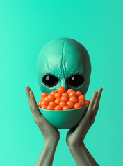 Wall Mural - A freaky head made of teal with black eyes and two hands holding a bowl full of orange candy, on a pastel green background.Minimal creative Halloween holiday food concept.Copy space,flat lay 