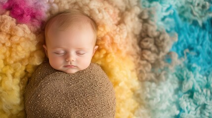 A newborn baby rests quietly, wrapped snugly in a soft blanket, against a backdrop of bright, colorful textures that evoke tranquility