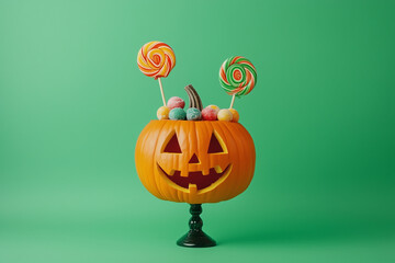 Wall Mural - A Halloween pumpkin head filled with candies on a green background, with copy space.Minimal creative  holiday food concept.Copy space,flat lay