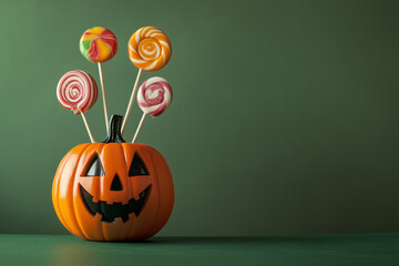 Wall Mural - A Halloween pumpkin head filled with candies on a green background, with copy space.Minimal creative  holiday food concept.Copy space,flat lay