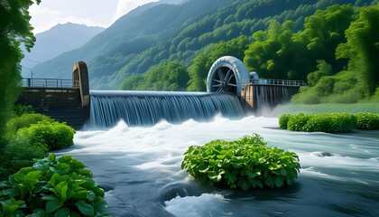 Harnessing Hydroelectric Power: Turbines Transforming River Flow Amidst Lush Mountains and Verdant Greenery