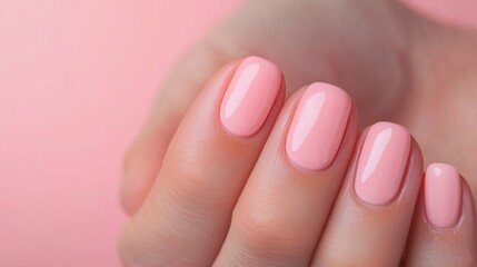 Well-manicured female hands showcase a perfect natural toned polish against a calming pink backdrop, highlighting elegant nail care