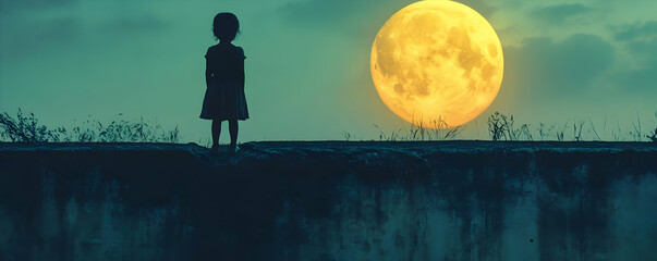 Wall Mural - Silhouette of a Girl Standing on a Wall Looking at a Full Moon in a Dark Blue Sky with Green Grass in the Foreground