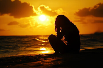 Lonely young woman sitting on the beach at sunset