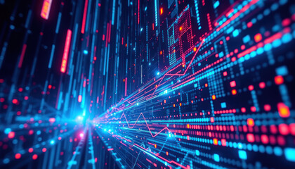 Abstract technology digital background. Futuristic shape with glowing lines. Virtual cyber network connection. Modern data matrix. Computer web mesh surface. Particle space. Binary information flow.
