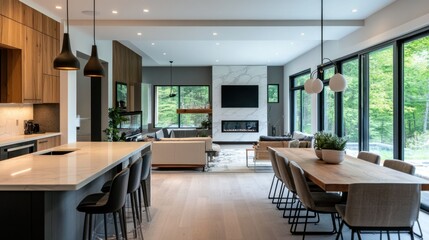 Modern Kitchen and Dining Area with Fireplace and Large Windows