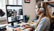 © remake - Young woman in headphones working on computer at home office. Freelance business concept. Professional using pc, remote job. Businesswoman sitting at desk. Online communication, technology.