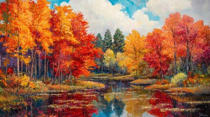 Canvas Print - Autumnal Forest Reflecting in a Still Pond