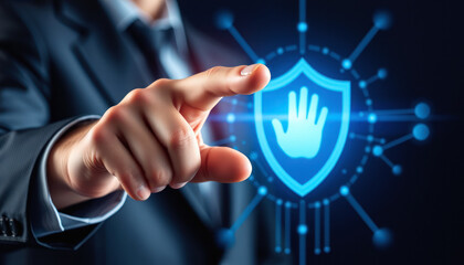 Human hand pushing icon virtual screen. Security concept. Cyber protection shield access private network information. Computer technology system encryption password secure global web interface.