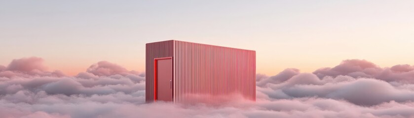 Wall Mural - Advanced data center emerging from misty clouds, illuminated in red, symbolizing the power and mystery of cloud computing