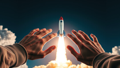 Businesswoman and businessman hands pointing rocket. Teamwork and innovation concept. Launch startup mission future success. People indoors planning space travel.