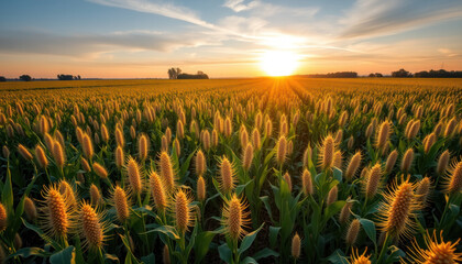 Sunset sunrise corn field with ears wheat. Beautiful rural landscape, farming crop sunlight, panoramic nature scene with agricultural harvest in summer, yellow grain sky.