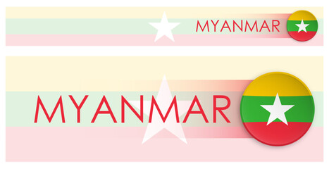 Wall Mural - Myanmar flag horizontal web banner in modern neomorphism style. Webpage Myanmar country header button for mobile application or internet site. Vector