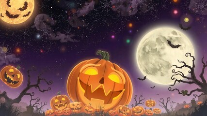 Wall Mural - spooky halloween background with bats, pumpkins and moon