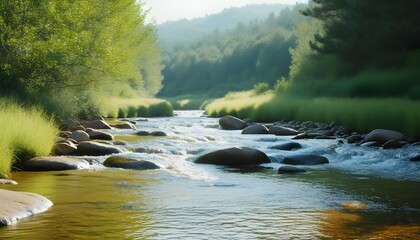 Wall Mural - Serene forest landscape with a winding river amidst lush greenery and tranquil nature