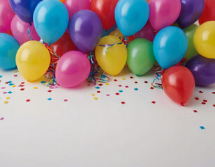 a festive arrangement of colorful balloons and confetti. There are balloons in various colors including blue, purple, red, pink, yellow, and green, clustered together at the top of the image