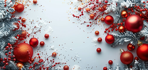 Close-up of new year decoration on white background, Christmas banner with balls and decorations on empty space