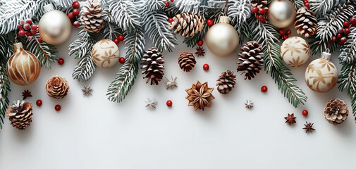 Wall Mural - Close-up of new year decoration on white background, Christmas banner with balls and decorations on empty space