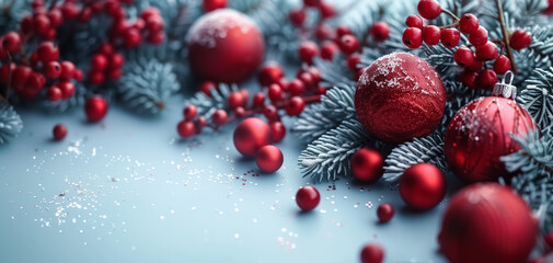 Close-up of new year decoration on white background, Christmas banner with balls and decorations on empty space