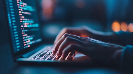 Closeup of Hands Typing on Laptop with Code on Screen