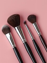 The brushes vary in size and shape, with soft bristles designed for different makeup applications on pastel background