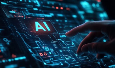 A hand interacts with a digital AI interface.