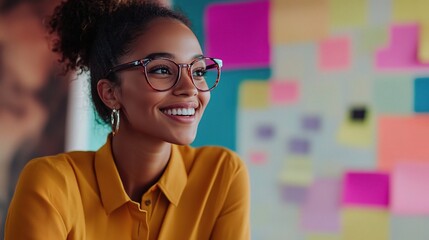 Poster - Cheerful Woman in Glasses with Colorful Background