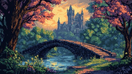 Wall Mural - Stone Bridge Leading to a Dark Castle in a Pixelated Forest Landscape