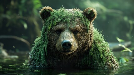 Poster - Close-up Portrait of a Bear Covered in Moss