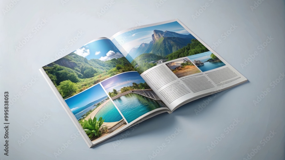 Open magazine displaying beautiful pictures of nature landscapes with a ...