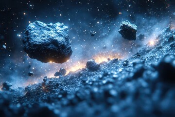 Wall Mural - asteroid field in space hyperrealistic debris and dust particles dynamic composition with larger roc