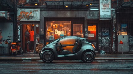 Naklejka na meble A small car is parked by the road in front of a store
