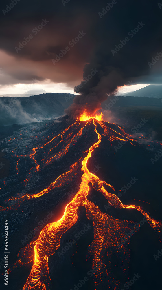 Aerial view of an erupting volcano with lava flowing down the side ...