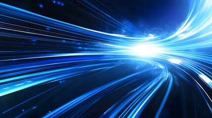 Vector Abstract, science, futuristic, energy technology concept. Digital image of light rays, stripes lines with blue light, speed and motion blur over dark blue background. 