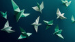 © @ArtUmbre - A collection of origami birds, predominantly in shades of green and white, set against a deep blue background. The birds are designed in a geometric, angular style