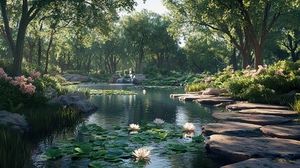 Wall Mural - Serene Pond in a Lush Forest - Tranquil Nature Scene