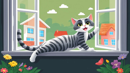 Canvas Print - Cartoon cat stretching on a windowsill with house and flowers background