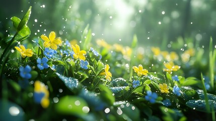 Sticker - Yellow and Blue Flowers in a Rainy Forest - Nature Photography