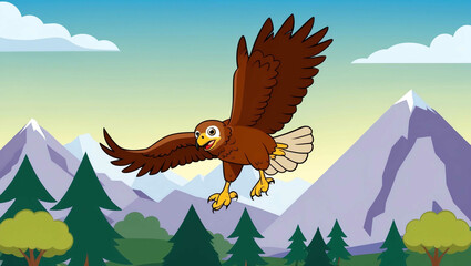 Canvas Print - Cartoon hawk soaring in the sky with trees and mountains background