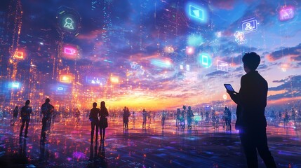 a vibrant digital landscape features diverse people engaging with tech amid glowing data streams and