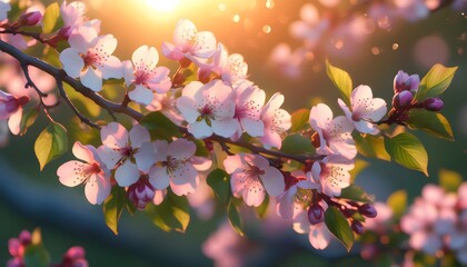 Wall Mural - Stunning cherry blossoms in silhouette against a breathtaking sunset sky