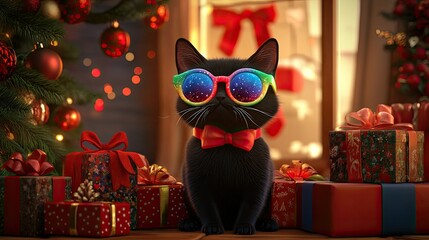 Cute black cat in rainbow-colored glasses with a hot, flustered expression, surrounded by Christmas gift boxes and holiday decor in a 3D-style room.