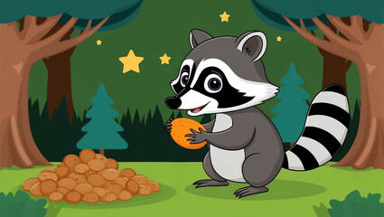 Canvas Print - Cartoon raccoon searching for food with trees and stars background