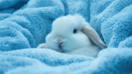 Wall Mural - A cute white rabbit relaxes comfortably in a soft beige blanket, basking in warm sunlight filtering through a window during a serene afternoon