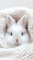 Wall Mural - A cute white rabbit relaxes comfortably in a soft beige blanket, basking in warm sunlight filtering through a window during a serene afternoon